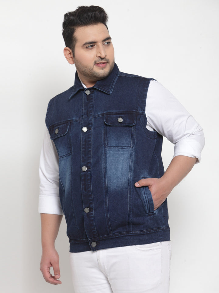 Men Blue Solid Denim Jacket