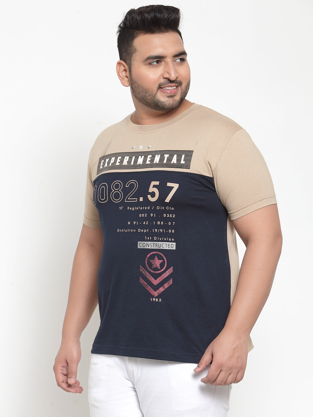 Men Beige Printed Round Neck Pure Cotton T-shirt