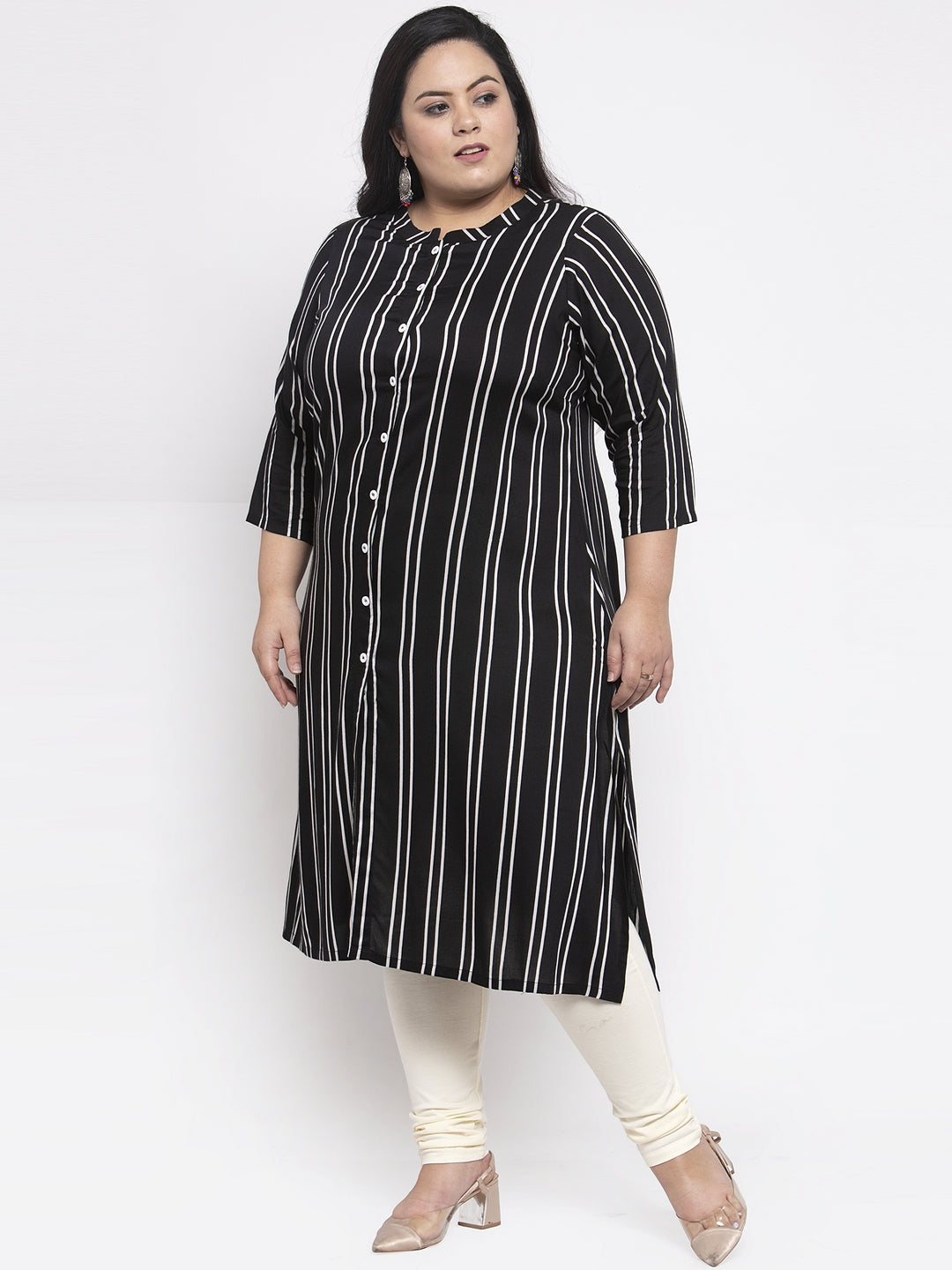 Women Black & White Striped Straight Kurta