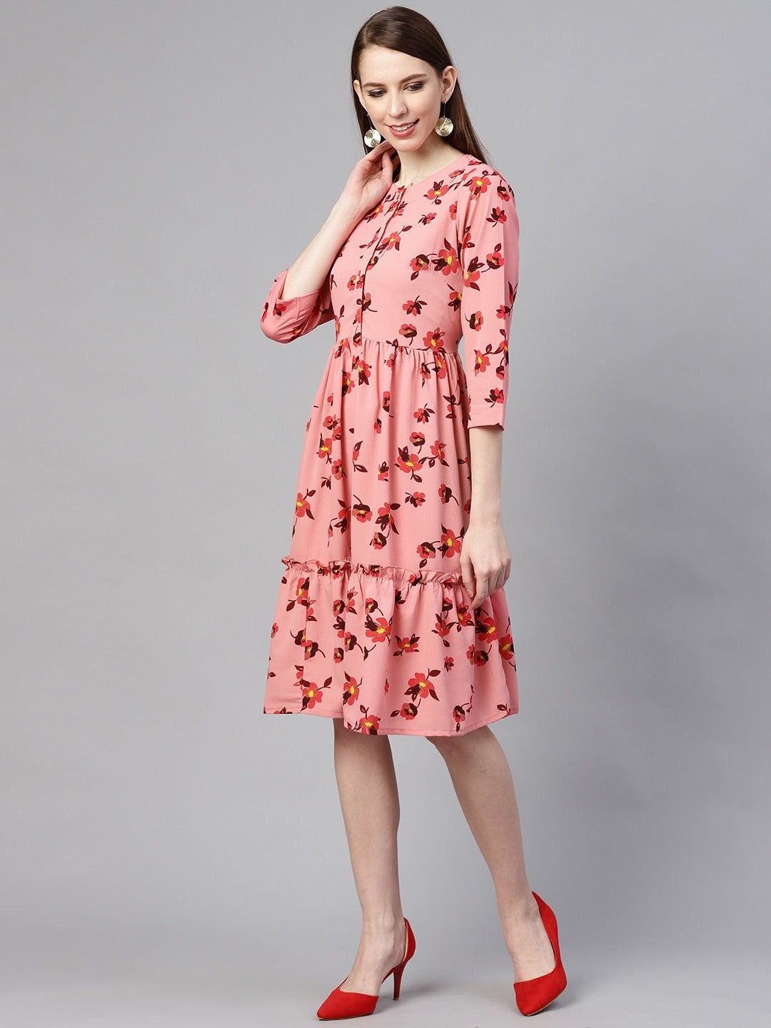 plusS Women Peach-Coloured  Red Floral Print Tiered A-Line Dress