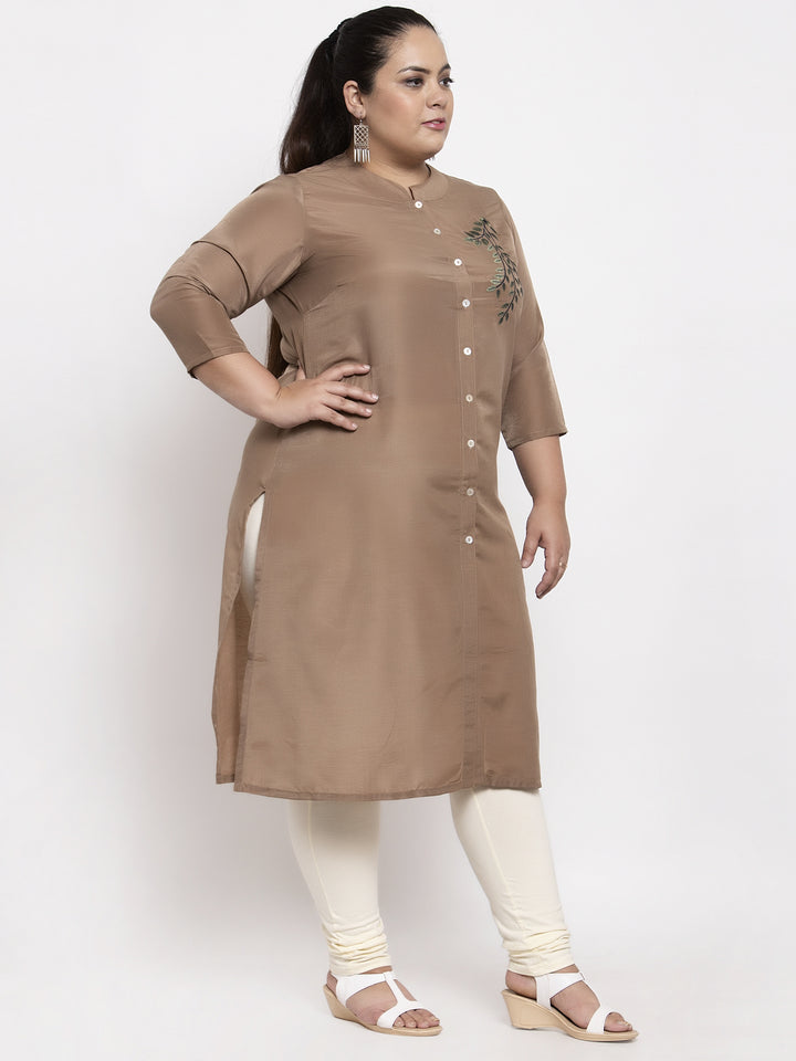 Brown Embroidered A-Line Kurta