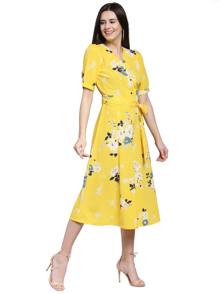 Yellow Floral Printed Fit and Flare Dress