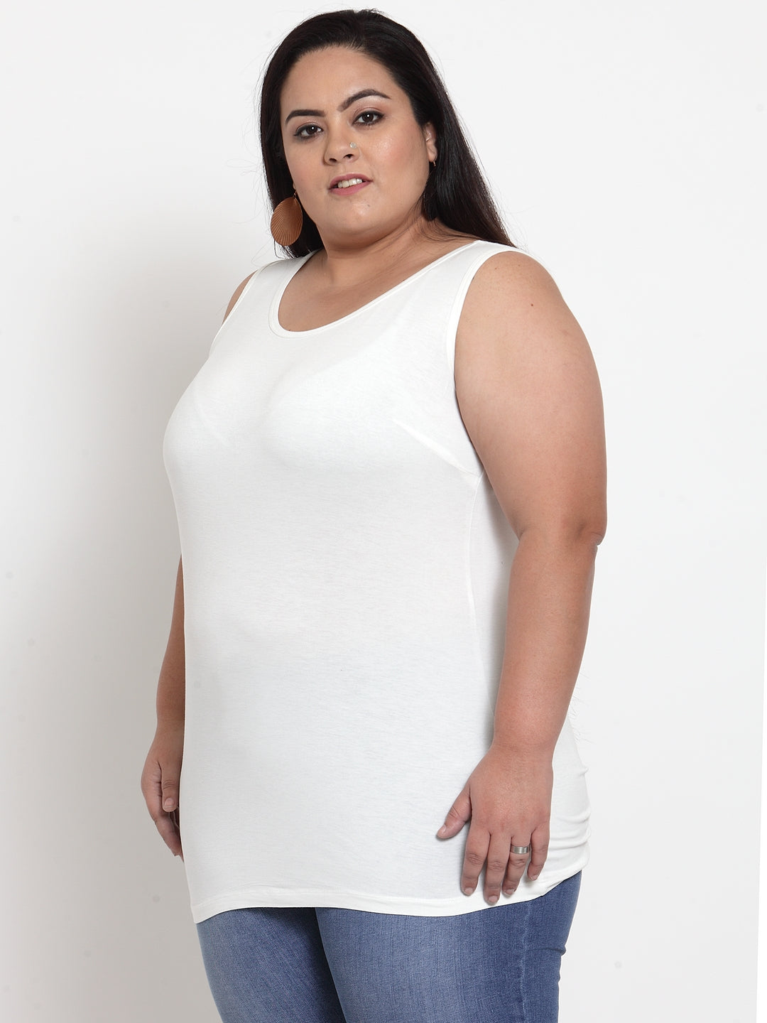 Plus Size Women White Solid Longline Top