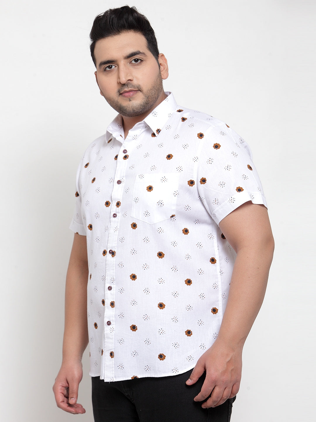 Men Plus Size White Regular Fit Printed Casual Shirt