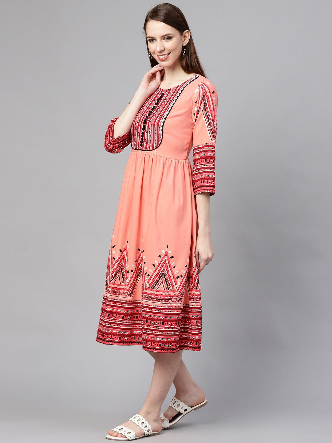 plusS Women Peach-Coloured  Red Printed A-Line Dress