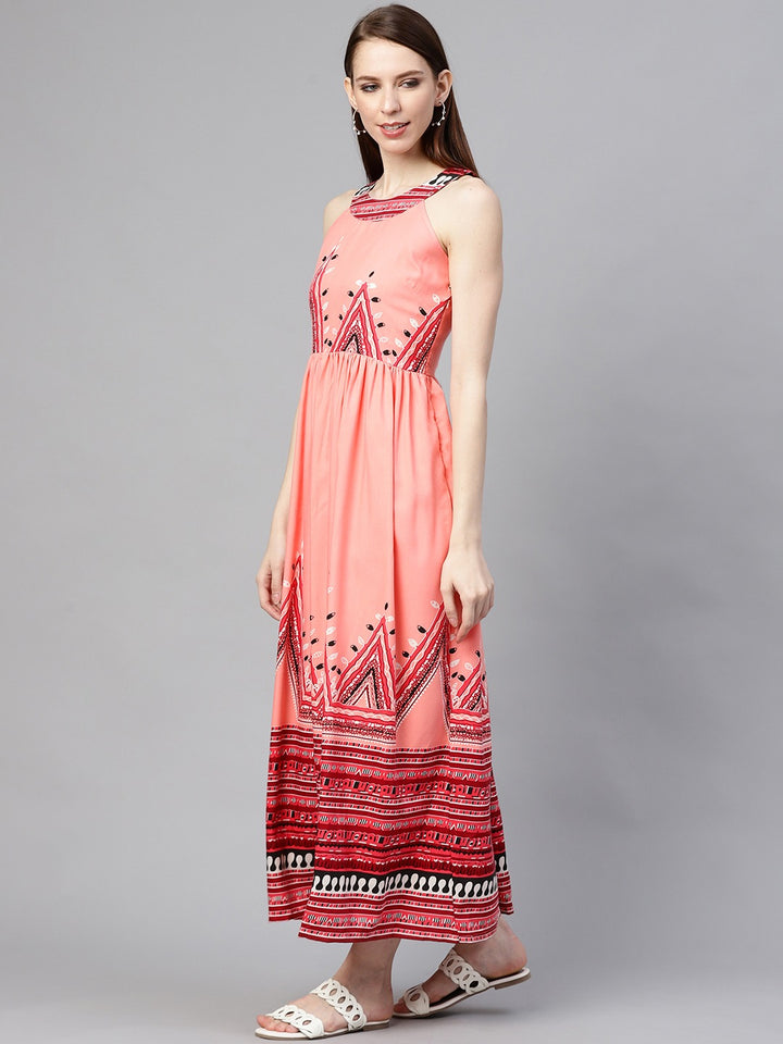 plusS Women Peach-Coloured  Red Printed Maxi Dress