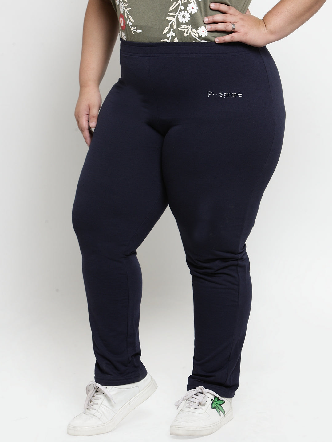 Plus Size Women Navy Blue Solid Straight-Fit Cotton Track Pants