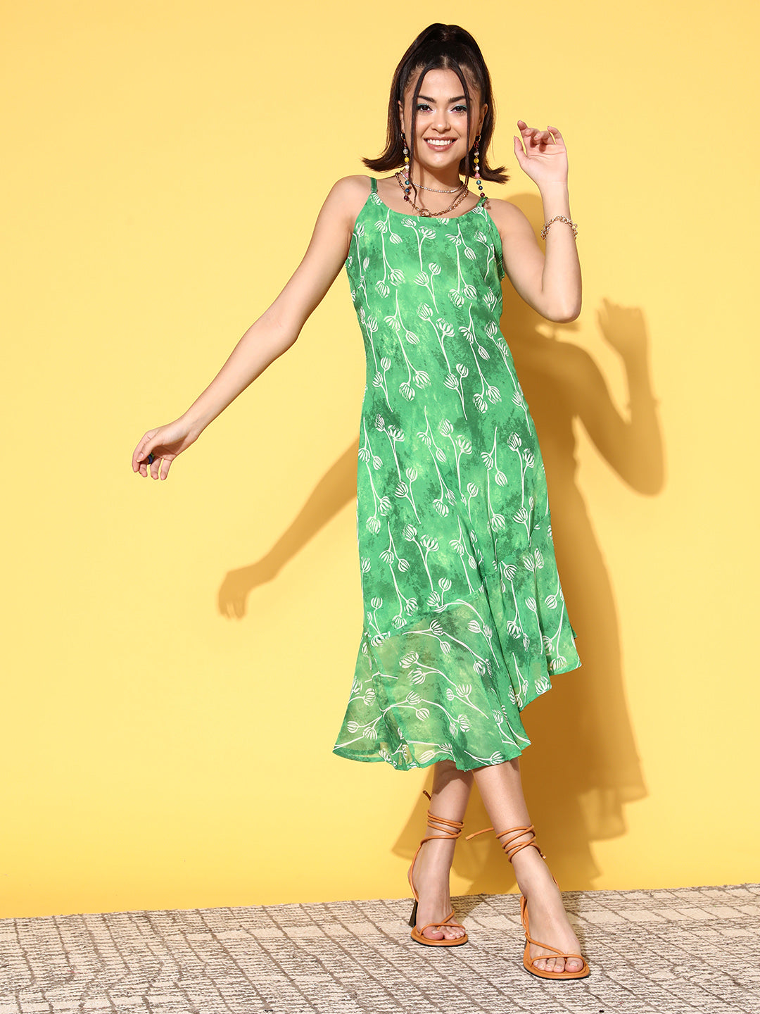 Women Elegant Green Floral Print Parade Dress