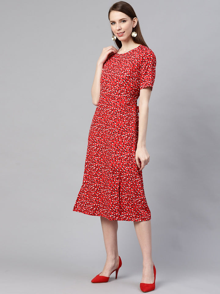 plusS Women Red  White Abstract Print A-Line Midi Dress