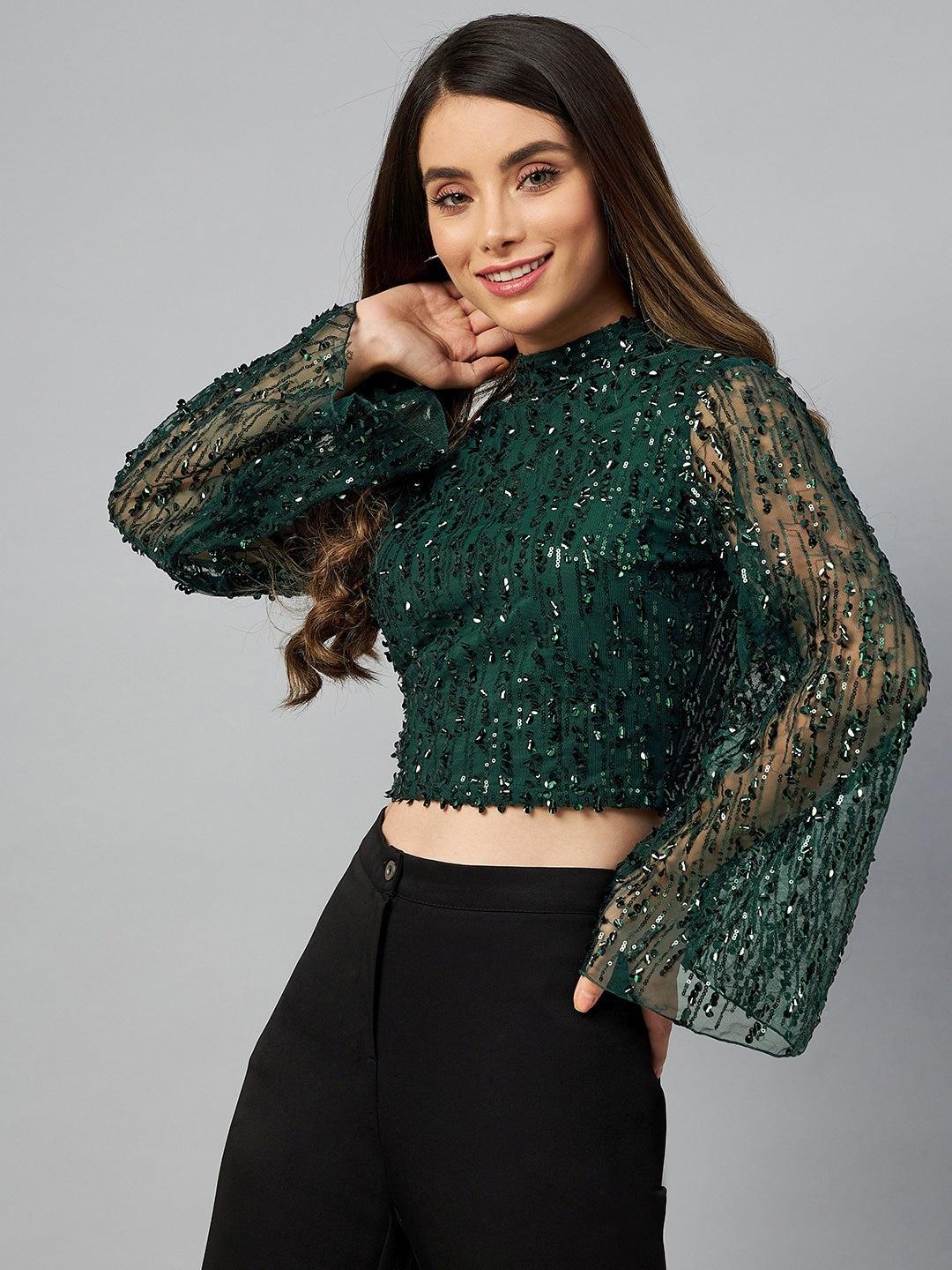 Green Embellished Mandarin Collar Crop Top