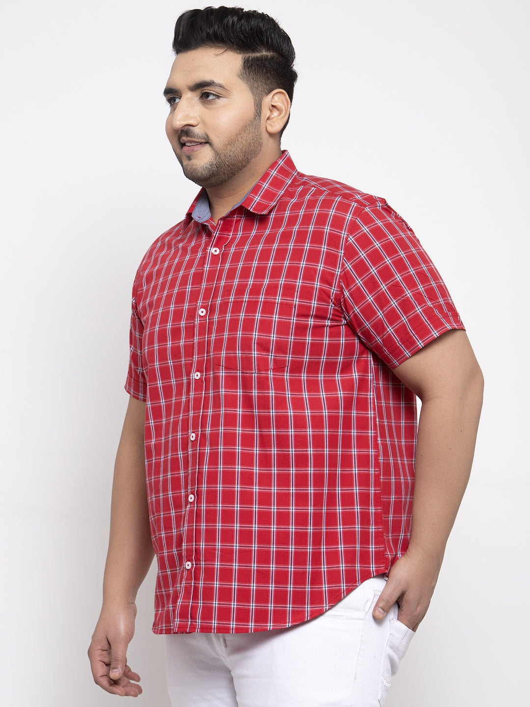 Men Red & White Regular Fit Checked Casual Shirt