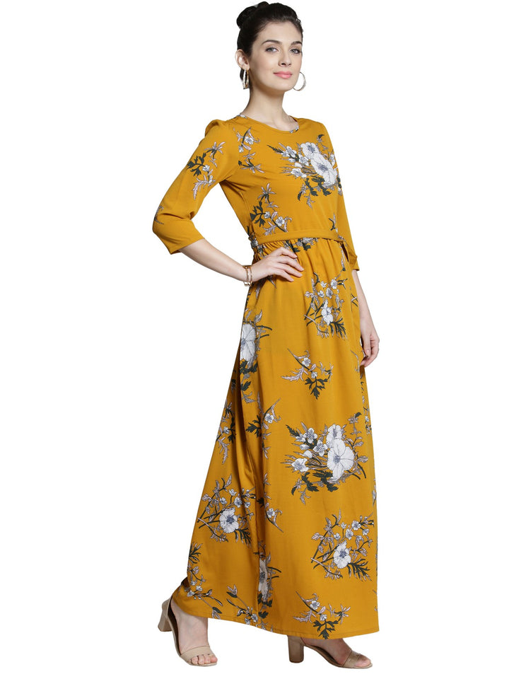 plusS Women Mustard Yellow Floral Printed Maxi Dress