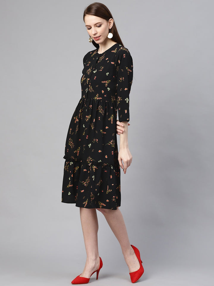 plusS Women Black  Green Floral Print A-Line Dress