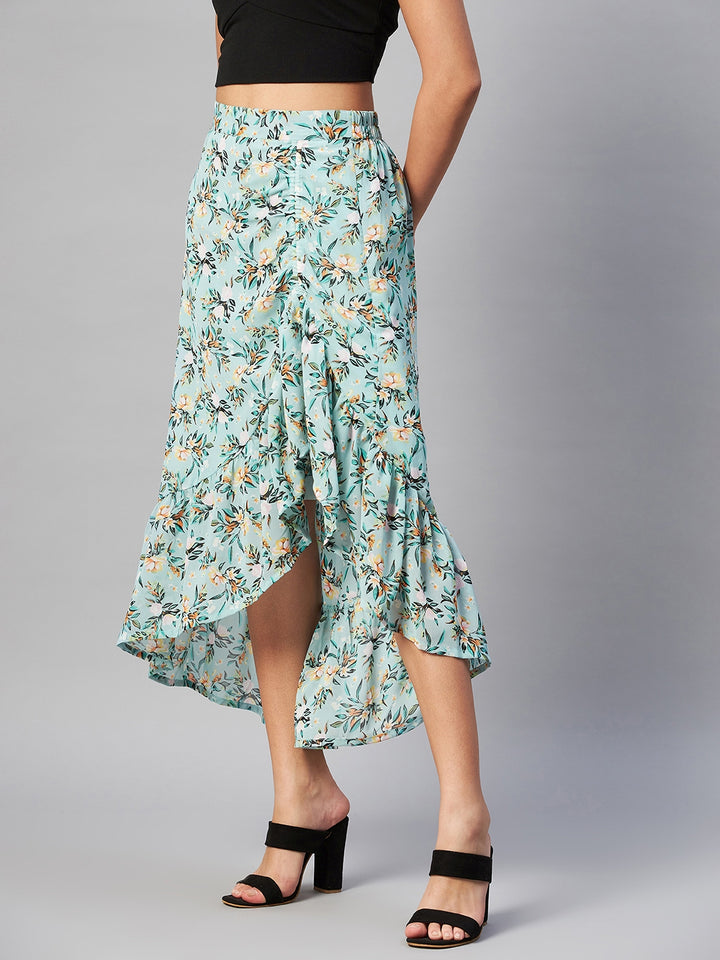 plusS Sea Green Floral Printed Midi A-Line Skirt