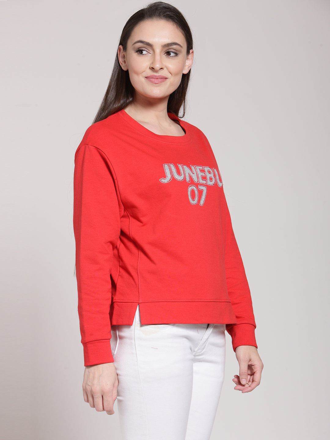 plusS Women Red Solid Applique Pullover Sweatshirt