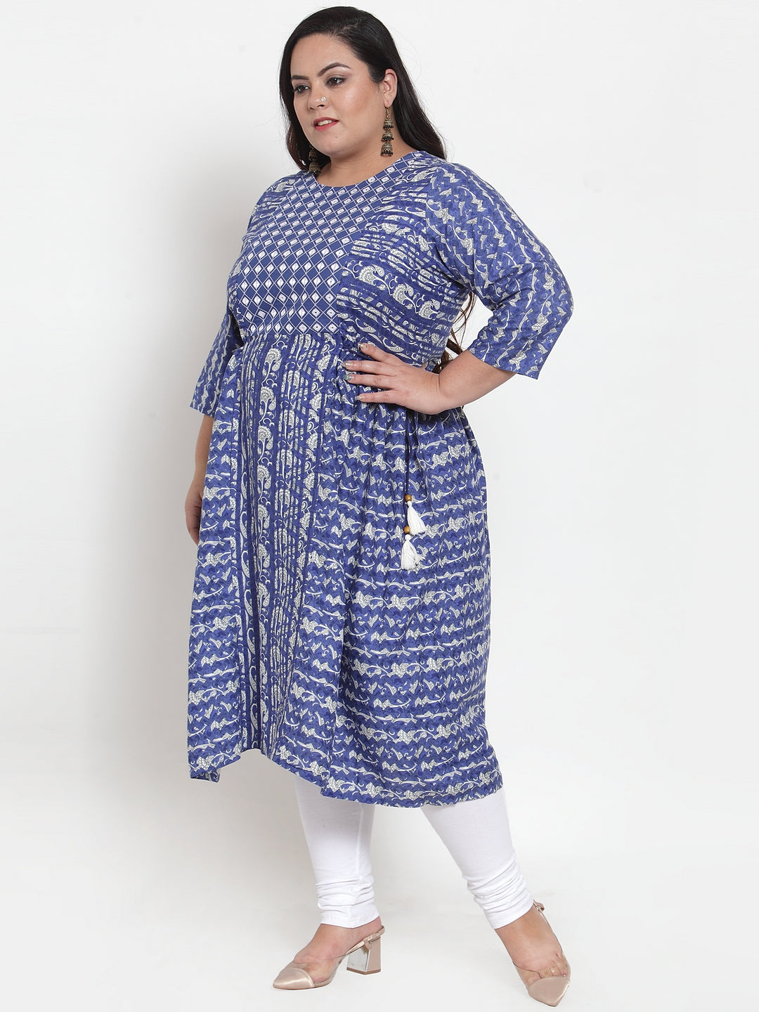 Women Blue & White Printed A-Line Kurta