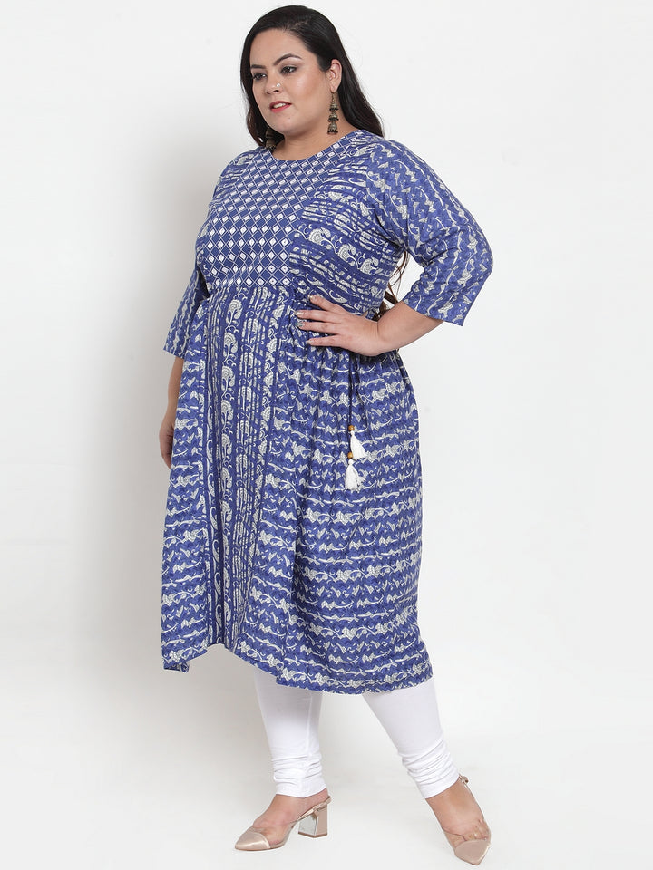 Women Blue & White Printed A-Line Kurta