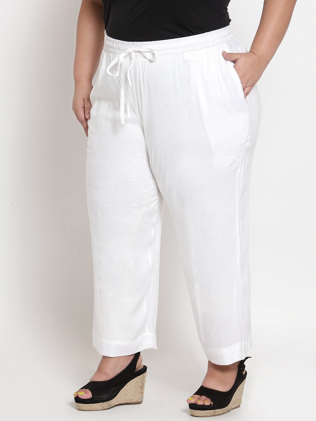 Plus Size Women White Solid Straight Palazzos