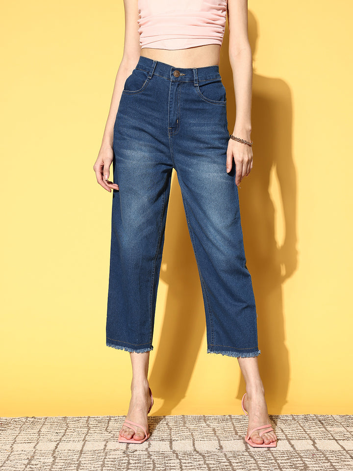 Women Stylish Blue High-Rise Regular Fit Cropped Stretchable Jeans