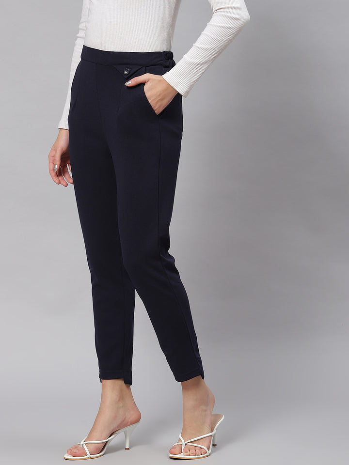 plusS Women Navy Blue Solid Mid-Rise Regular Fit Trousers