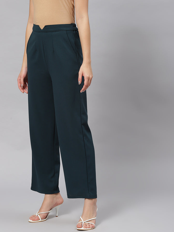 Women Green Solid Mid-Rise Regular Fit Trousers