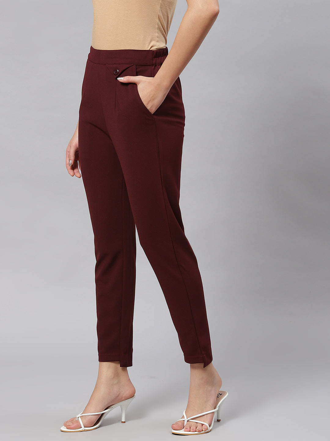 Women Maroon Solid Mid-Rise Regular Fit Trousers