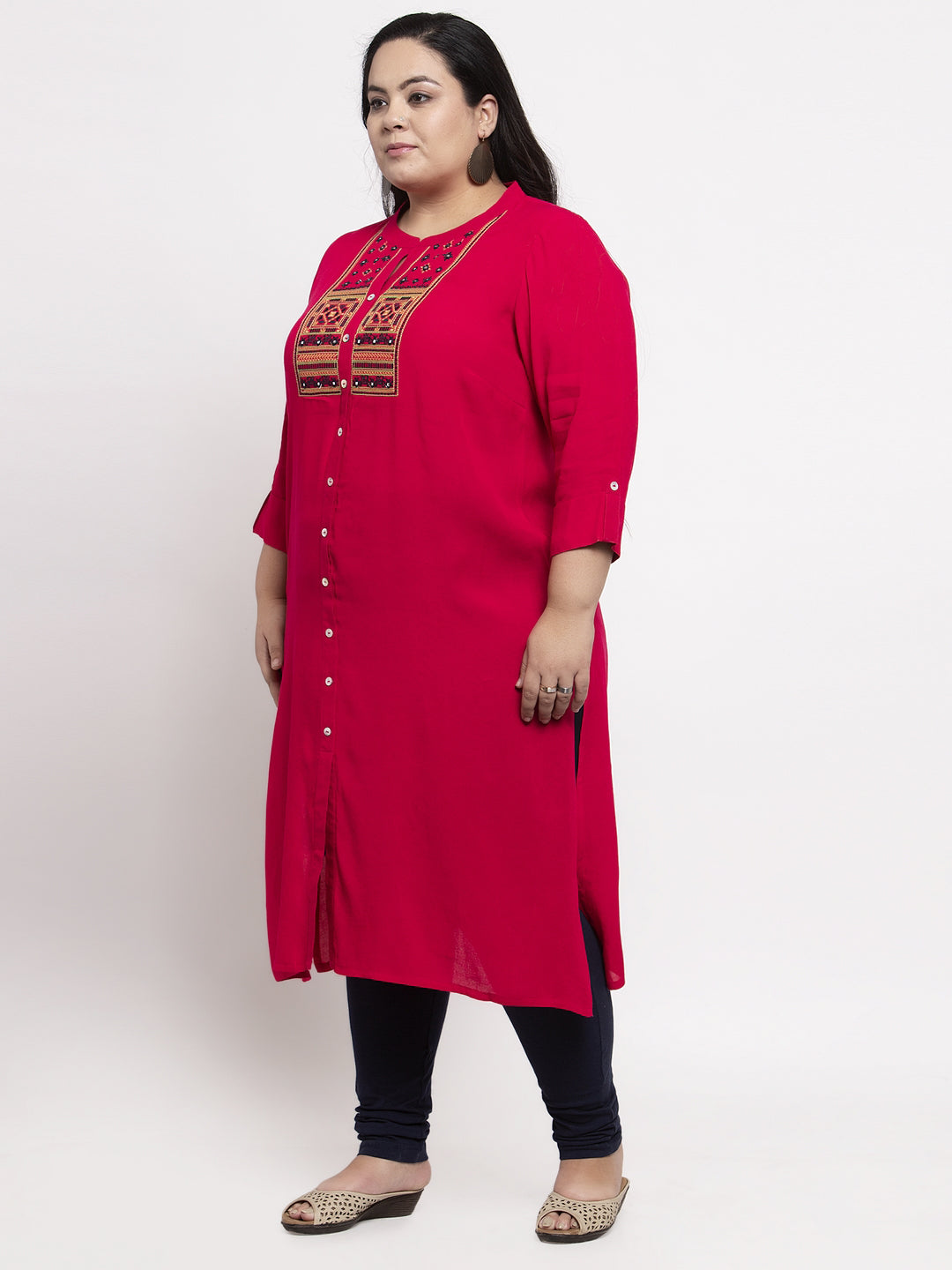 Women Red Embroidered A-Line Kurta