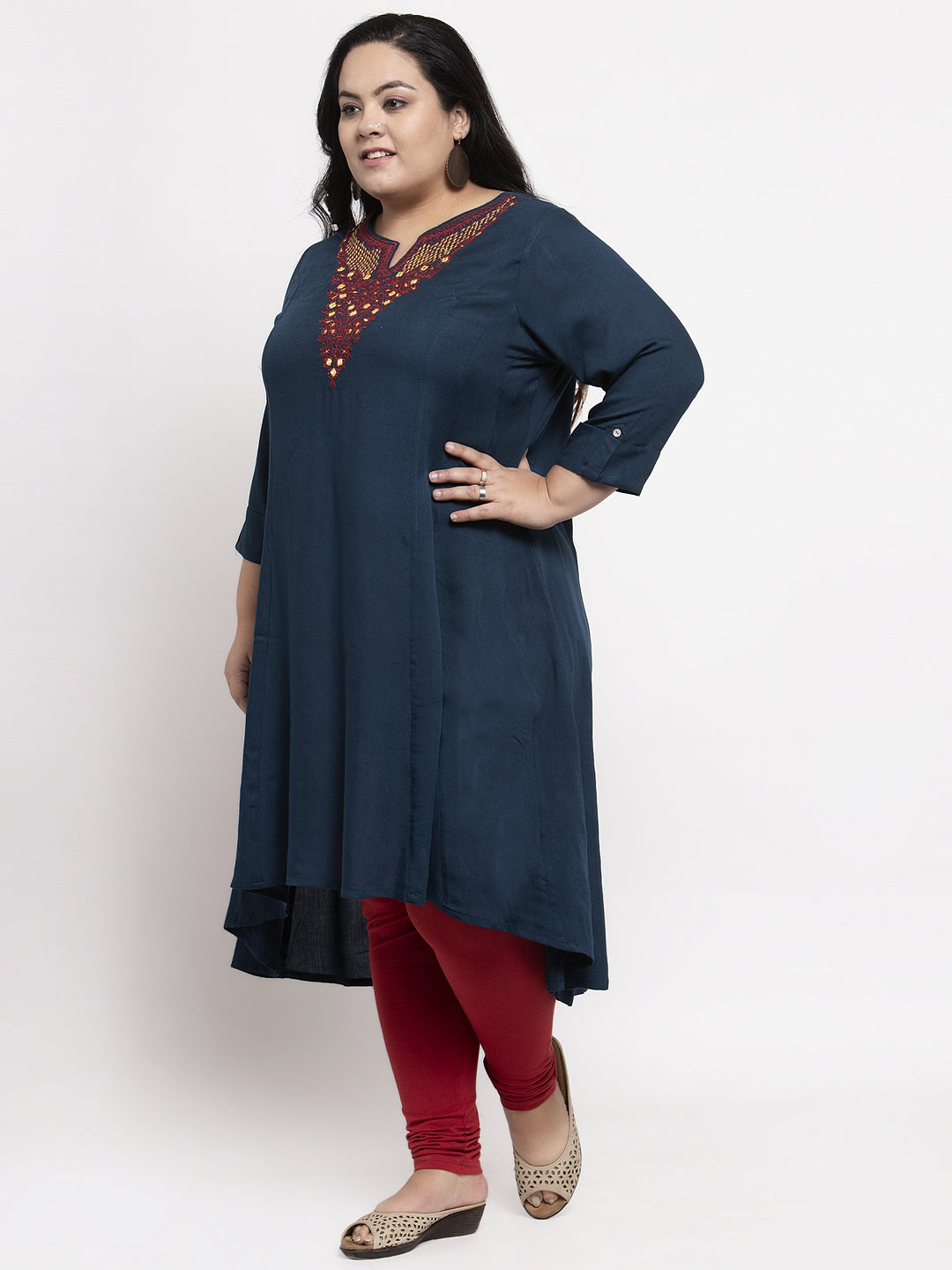 Women Navy Blue Yoke Design A-Line Kurta