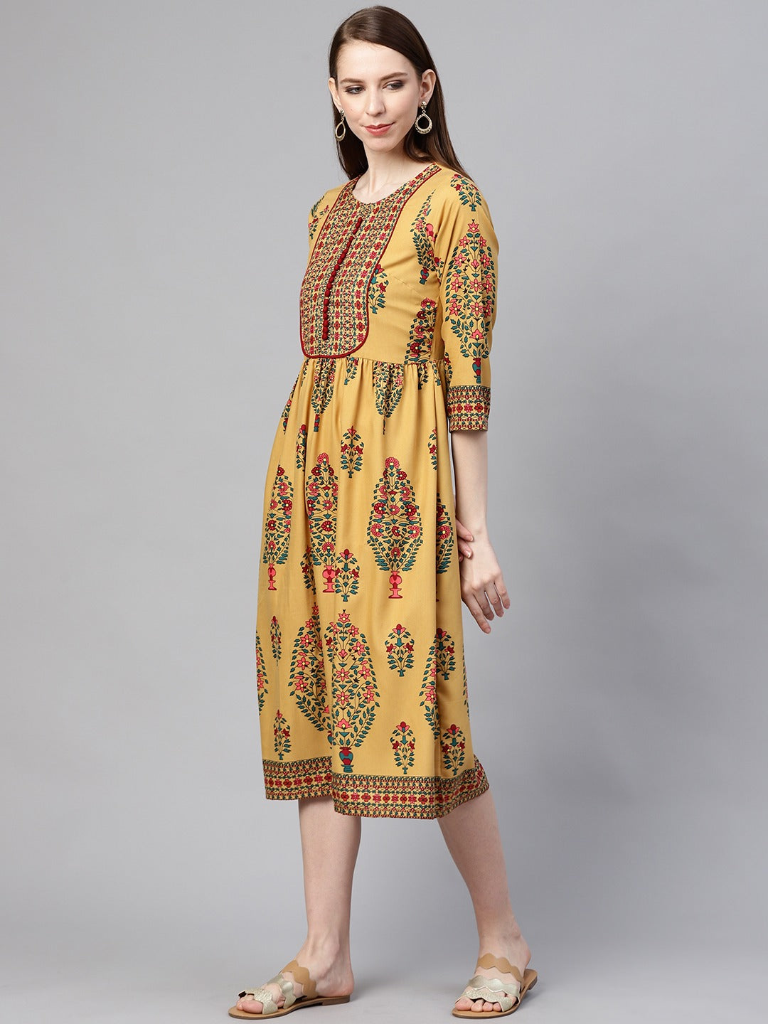 plusS Women Mustard Yellow  Pink Printed A-Line Dress