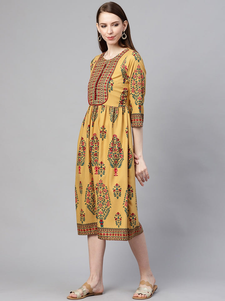 plusS Women Mustard Yellow  Pink Printed A-Line Dress