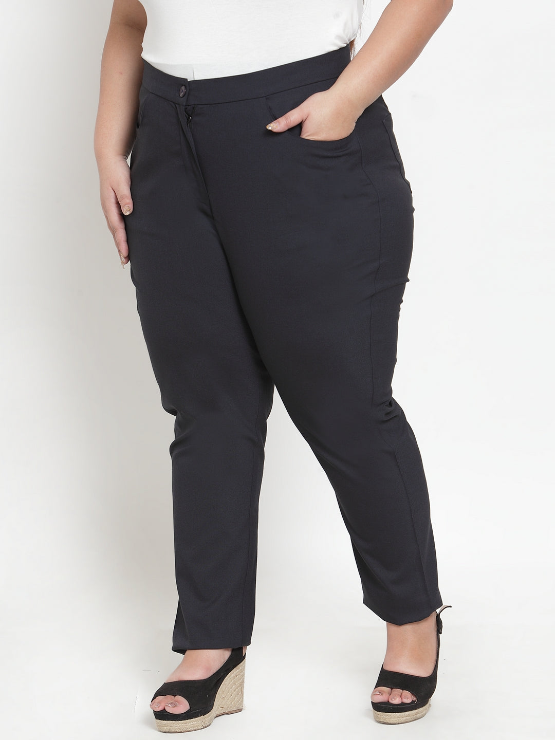 Plus Size Women Navy Blue Regular Fit Solid Regular Trousers