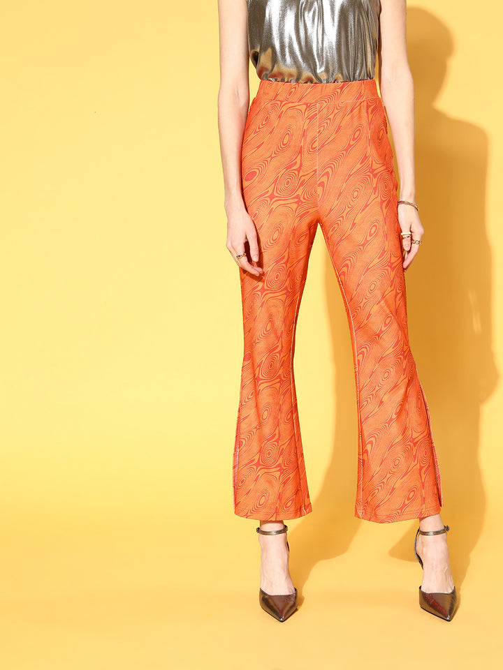 plusS Women Orange Abstract Print Side-Slit Trousers