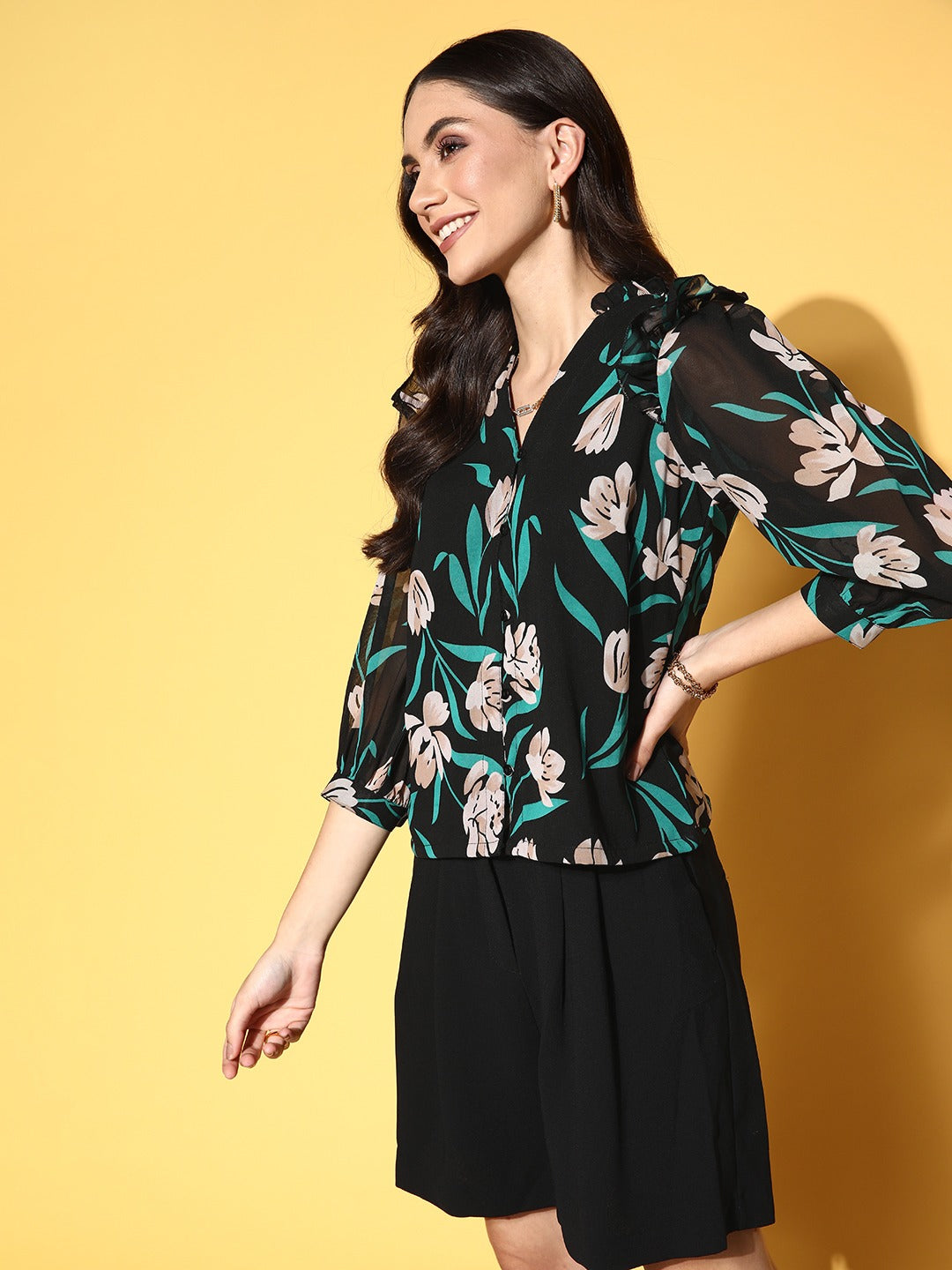 plusS Black Floral Volume Play Top