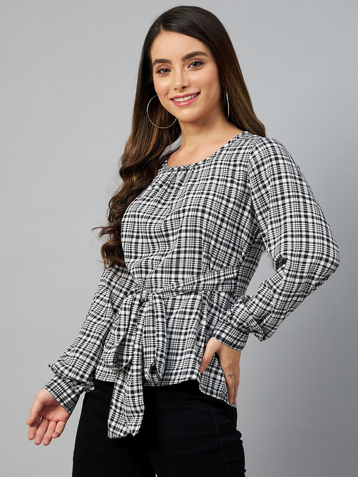 plusS Black  White Checked Tie-Up Detail Monochrome Top