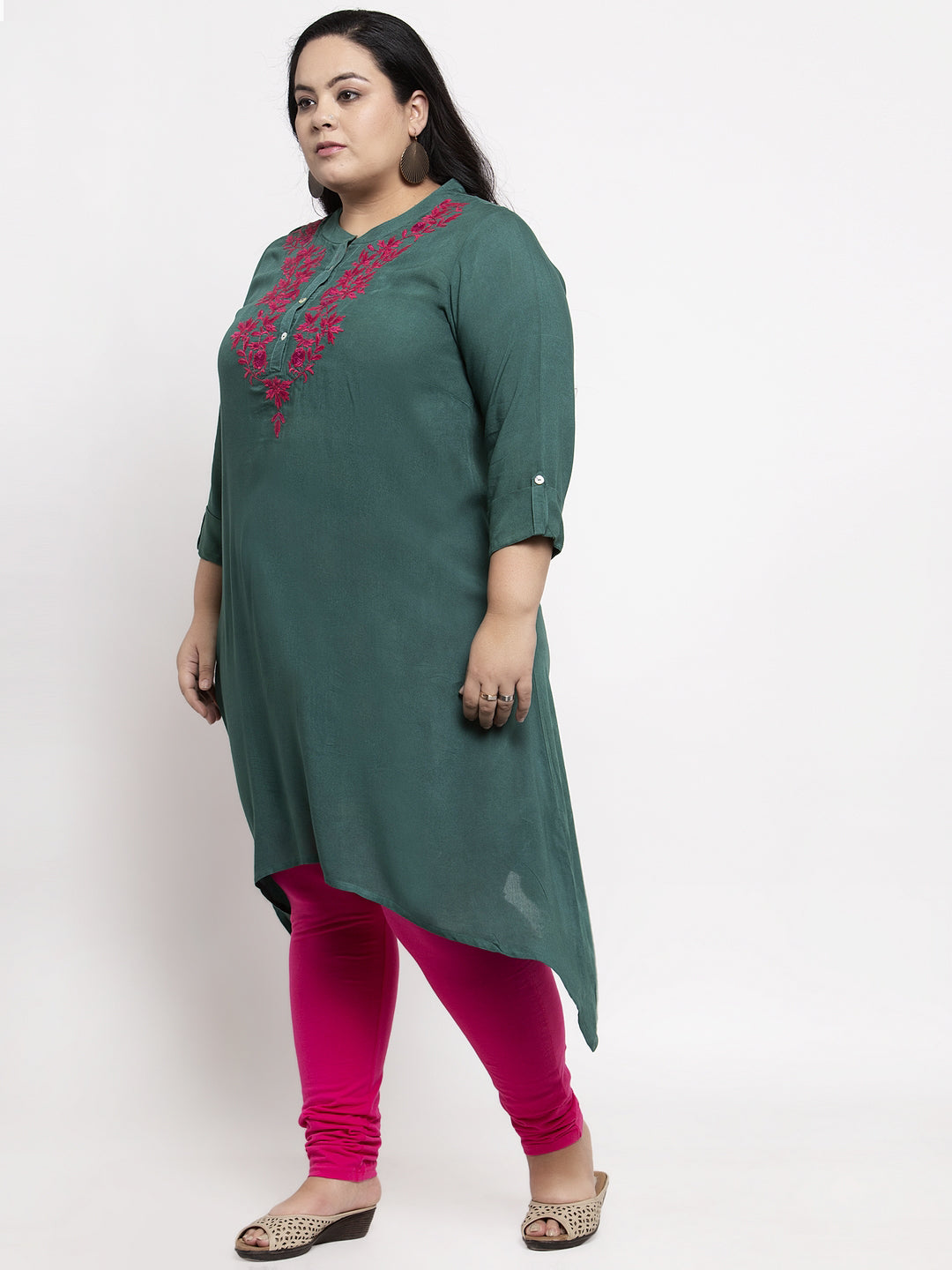 Women Green Embroidered A-Line Kurta