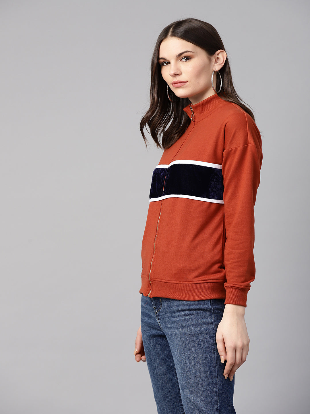 plusS Women Rust Brown  Navy Blue Colourblocked Sweatshirt