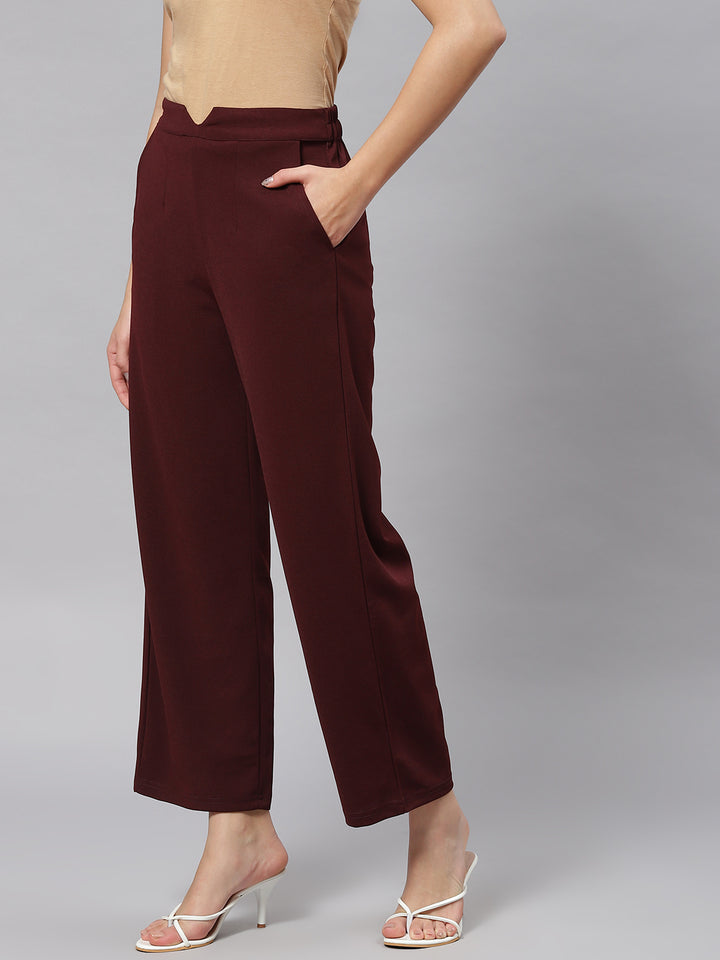 plusS Women Maroon Solid Mid-Rise Regular Fit Trousers