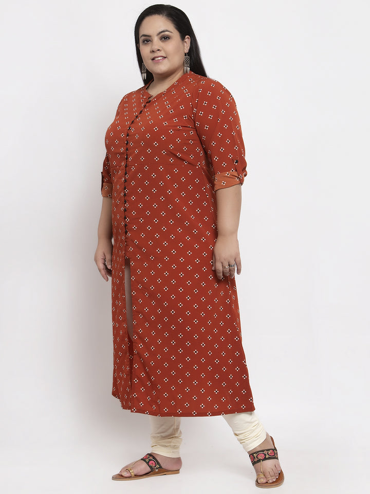 plusS Women Rust Brown  Off-White Printed A-Line Kurta