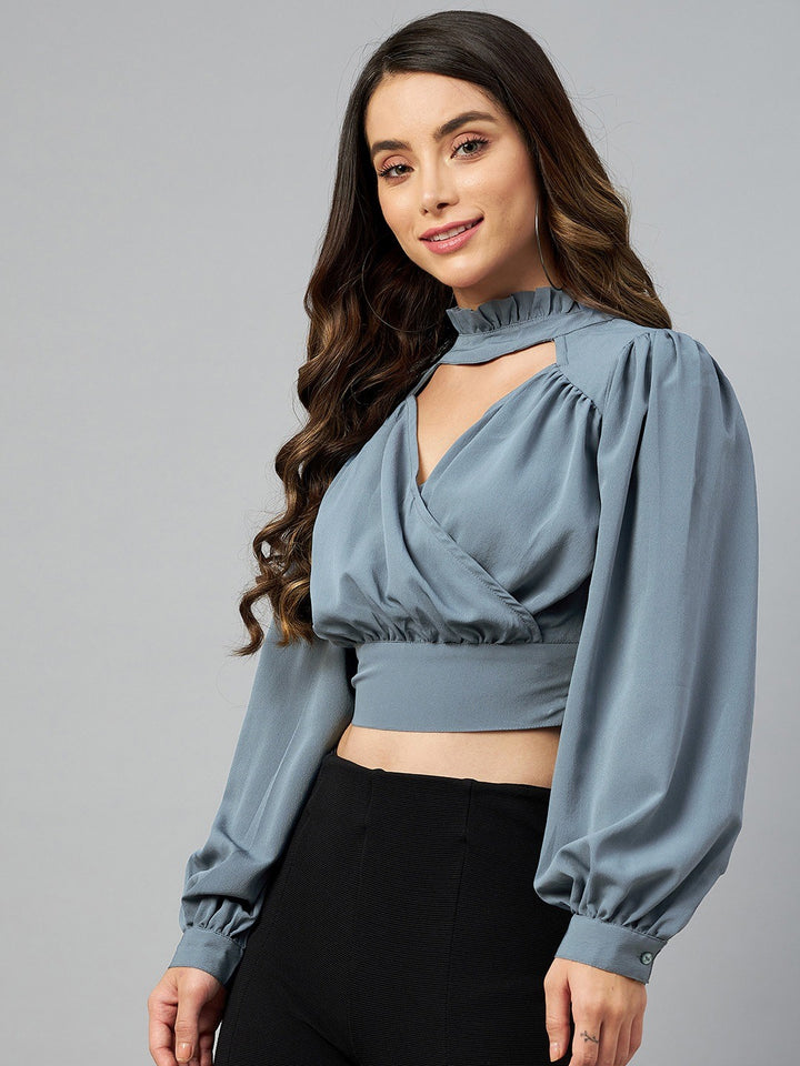 plusS Blue Solid Bishop Sleeves Wrap Top