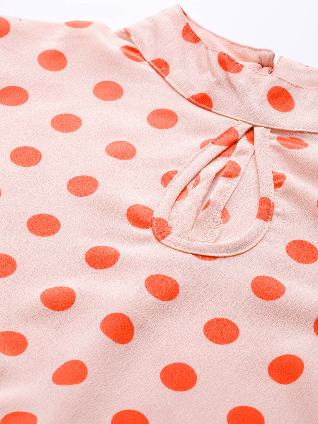 plusS Cream-Coloured  Red Polka Dots Print Bell Sleeves Keyhole Neck Top