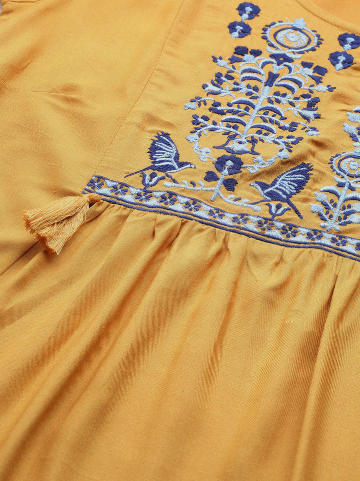 Women Mustard Yellow Solid A-Line Dress with Embroidered Detail