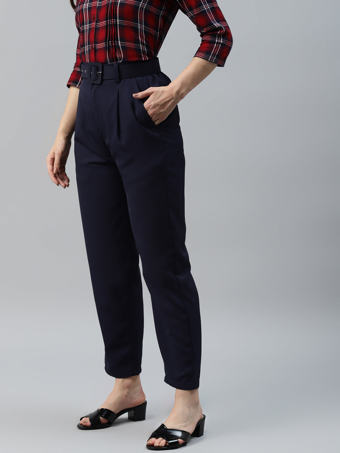 plusS Women Navy Blue Solid Pleated Trousers with Belt