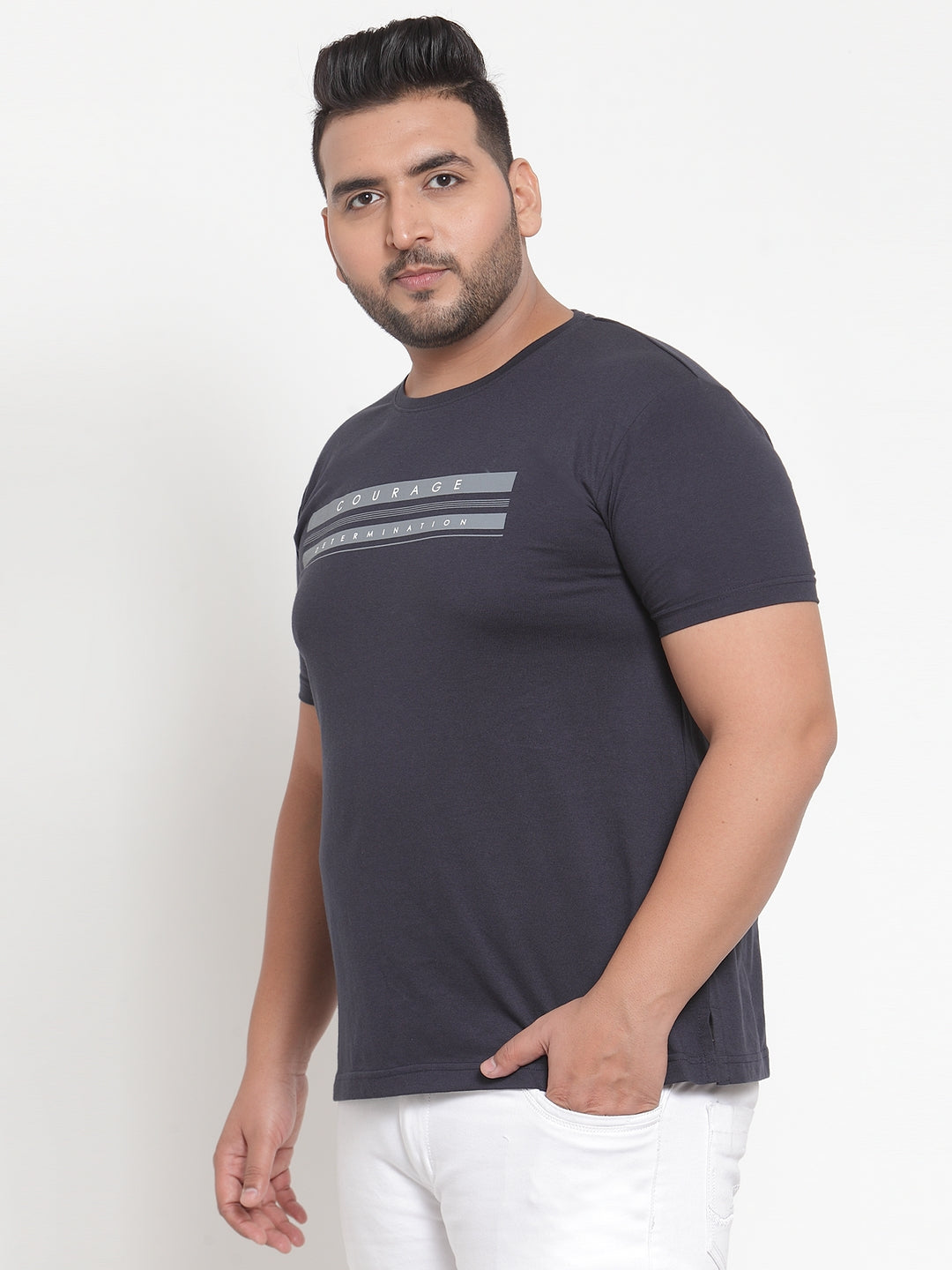 Men Navy Blue Printed Round Neck Pure Cotton T-shirt