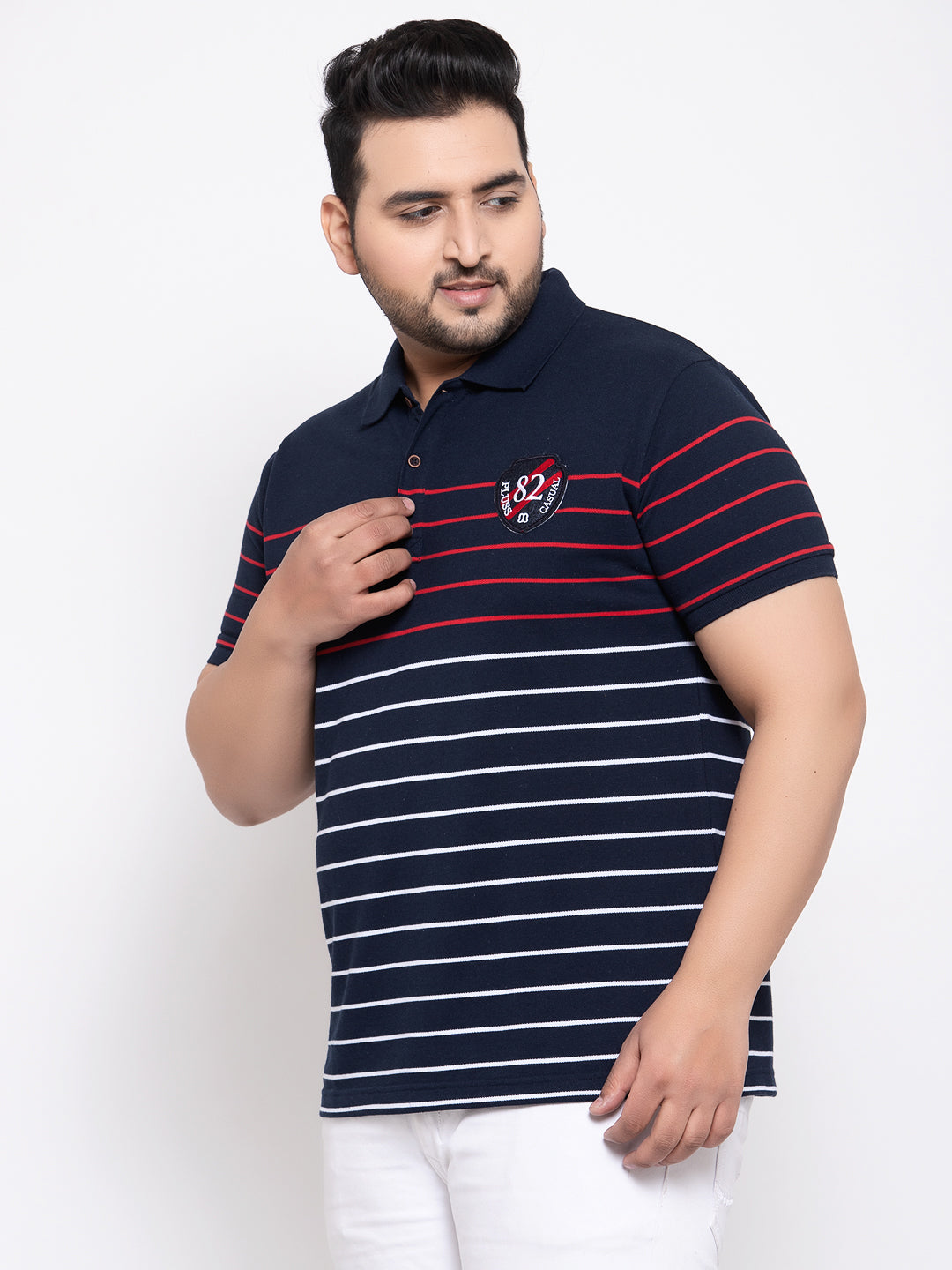 Men Plus size Navy Blue & White Striped Polo Collar T-shirt