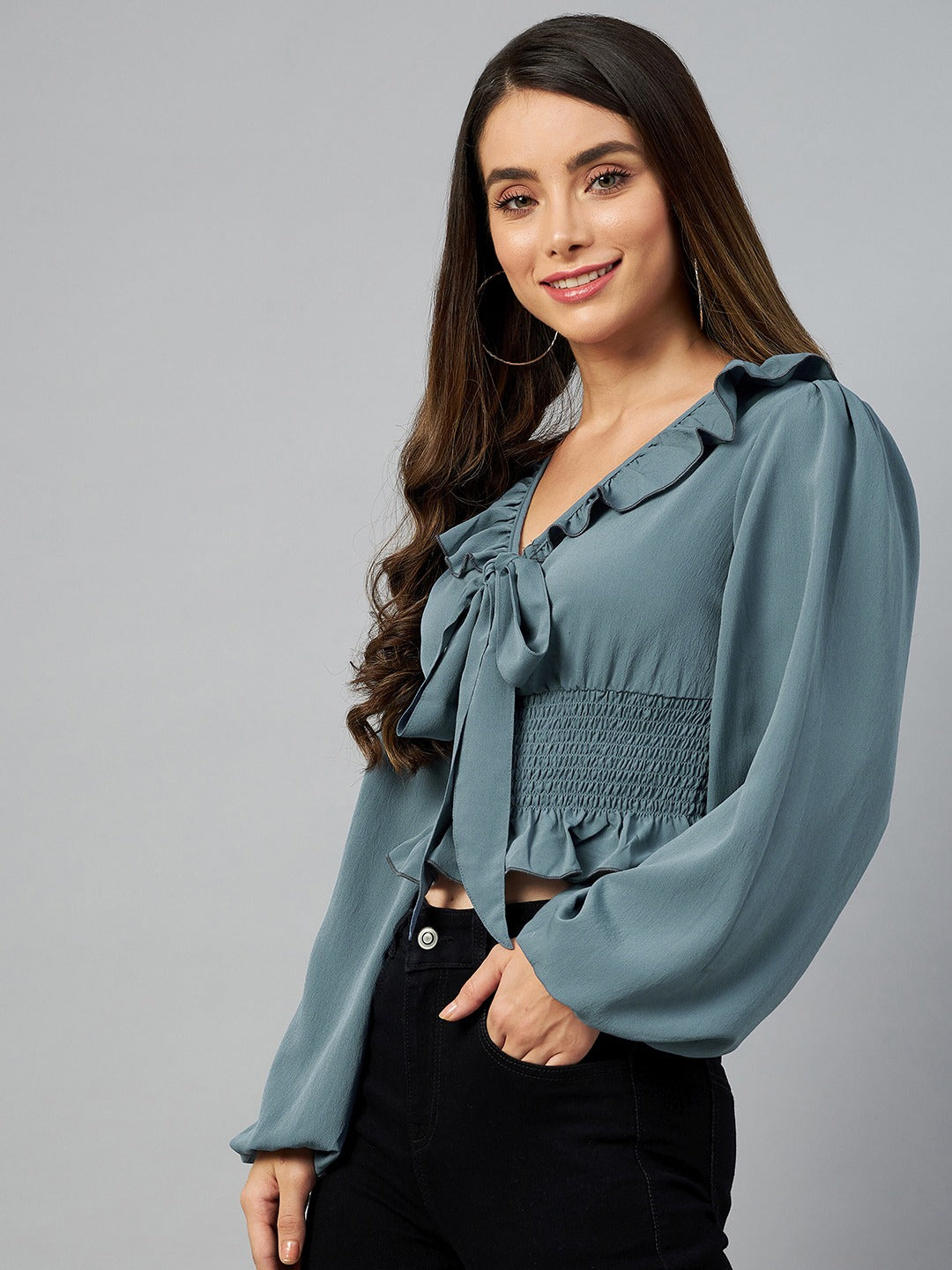 plusS Blue Solid Tie-Up Neck Ruffles Smocked Crop Top