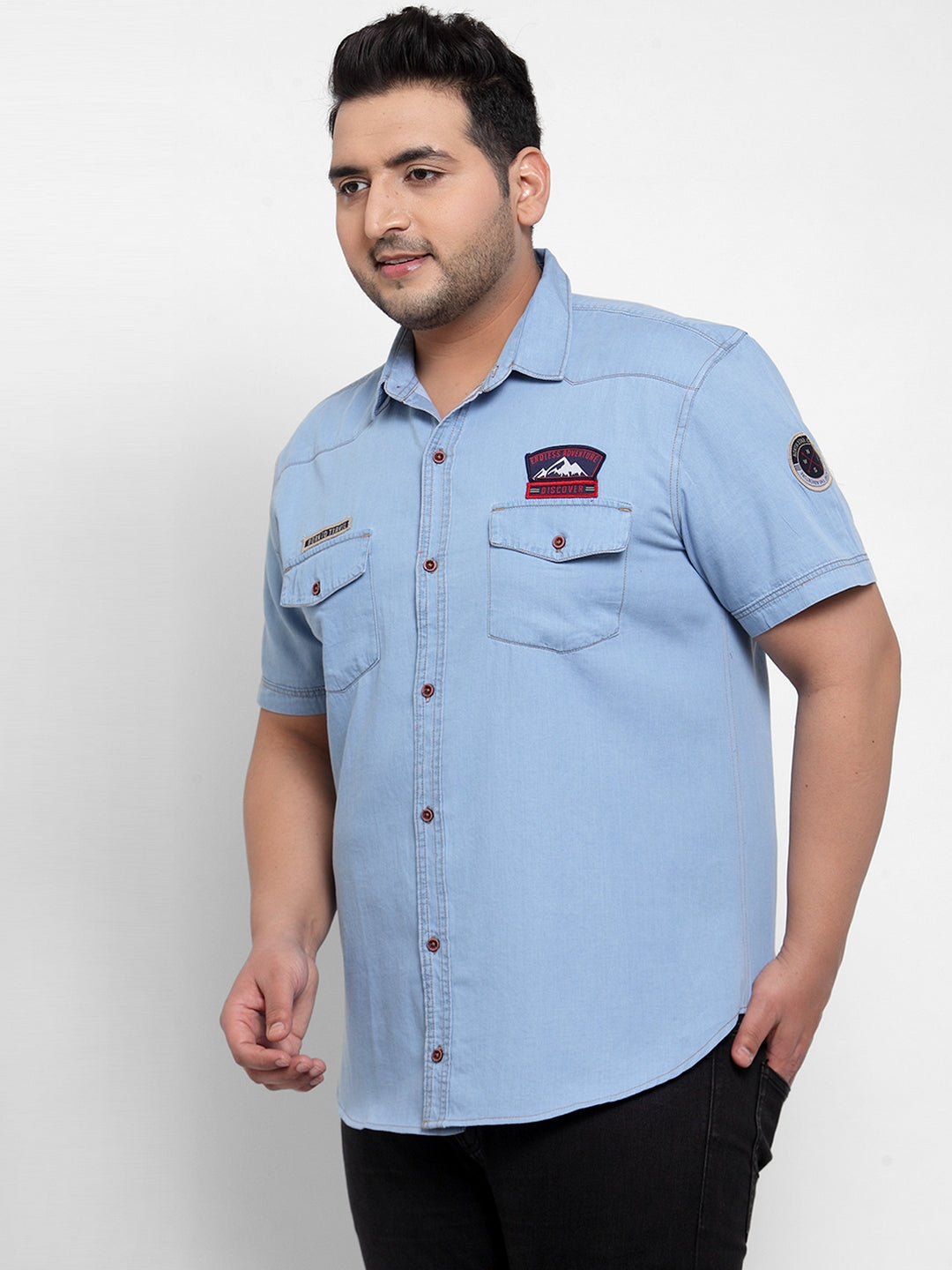 Men Blue Regular Fit Solid Casual Denim Shirt