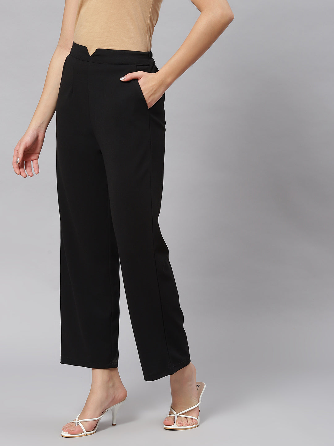 Women Black Solid Mid-Rise Regular Fit Trousers