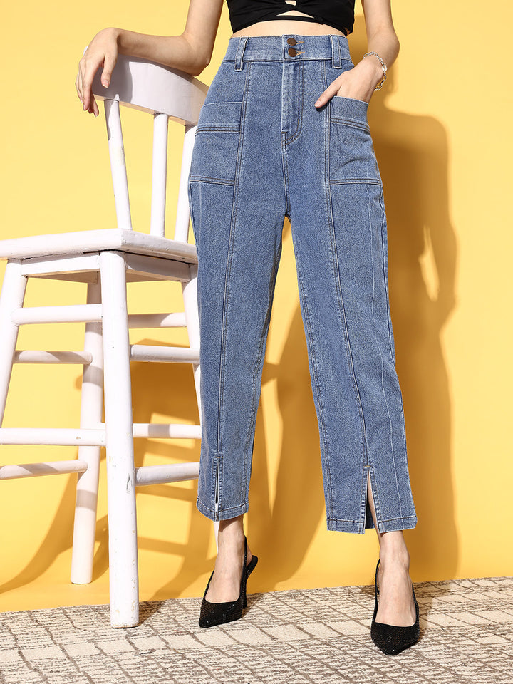 Women Blue High-Rise Regular Fit Cropped Stretchable Jeans