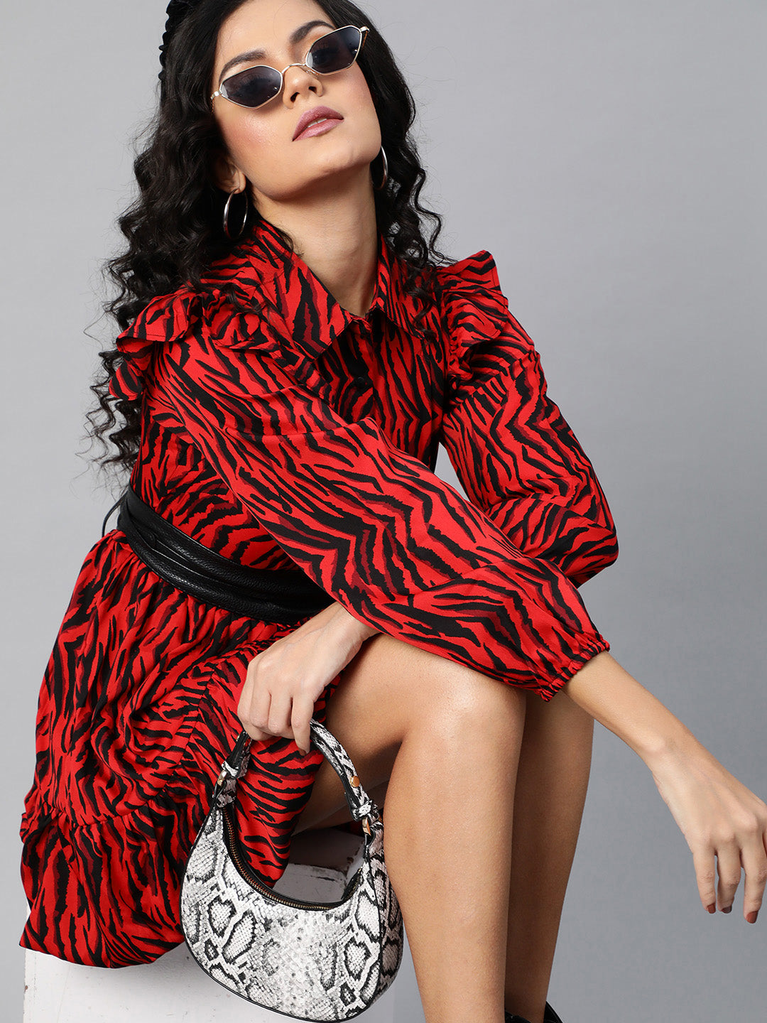 plusS Fiery Red and Black Animal Printed A-Line Dress