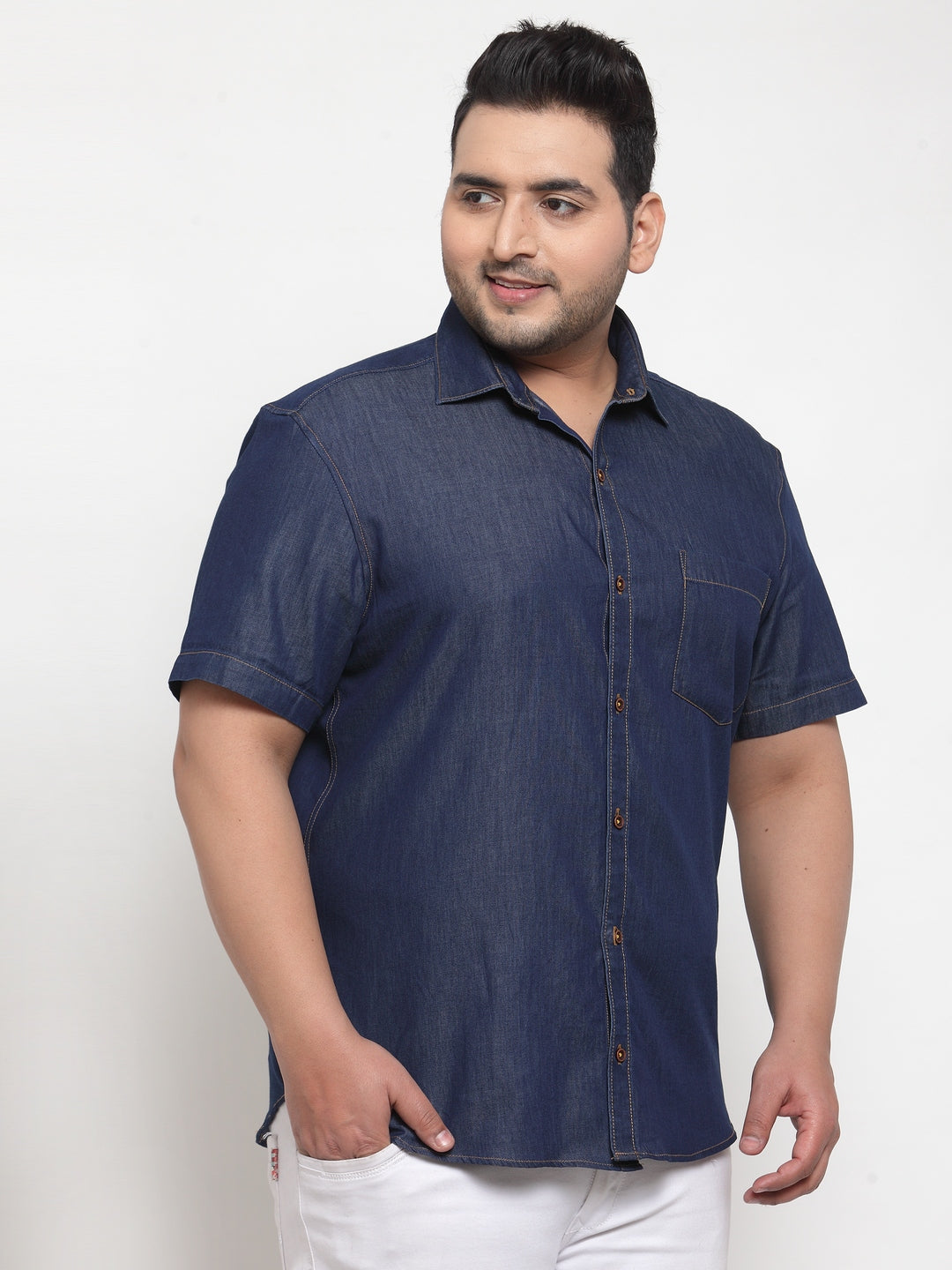 Men Navy Blue Regular Fit Solid Casual Denim Shirt